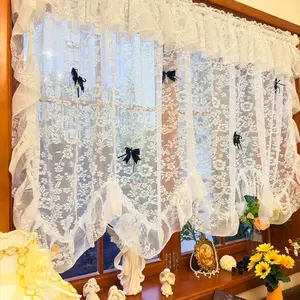 Vintage Style Floral Embroidered Valance, Lace Bow Sheer Curtain, No-Drill Tension Rod Half Curtain with Wave Pattern for Cafe