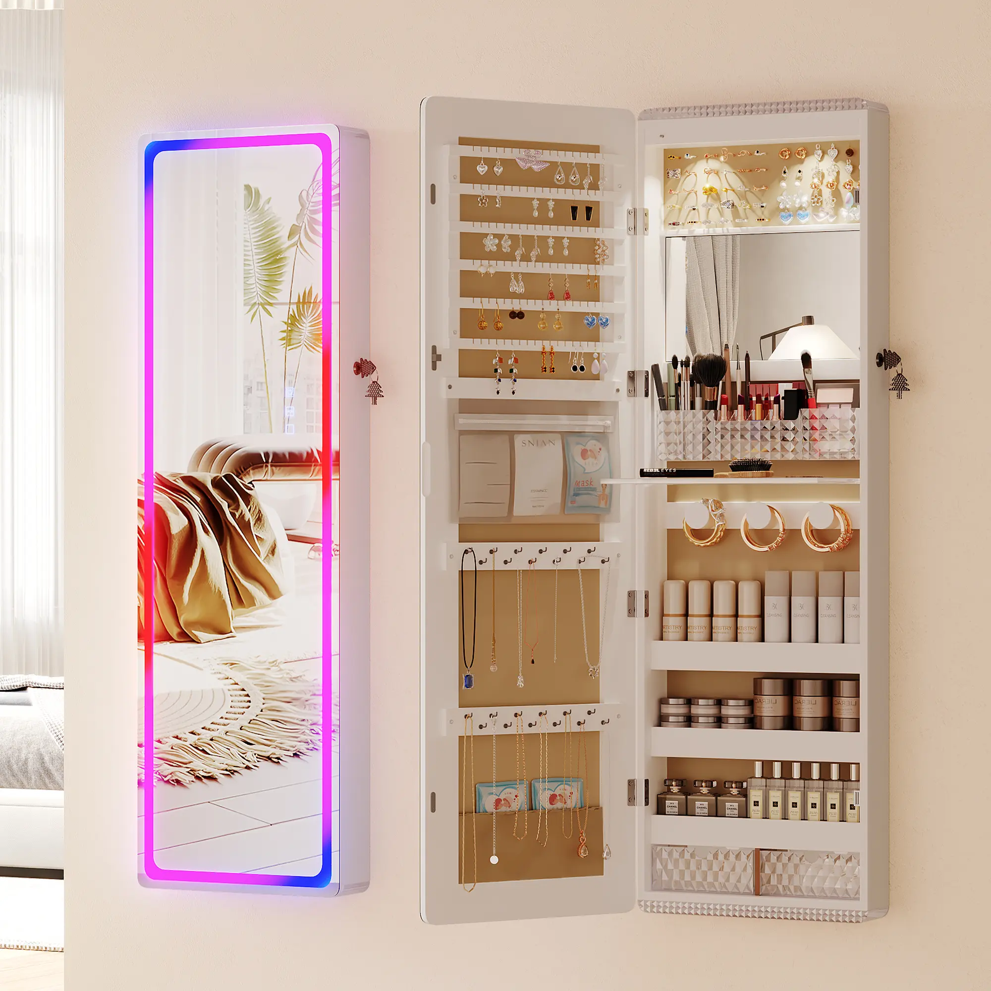 Lvifur LED Mirror Jewelry Cabinet - with RGB lights,Lockable Wall/Door Mounted Full Length Mirror with Storage,Hanging Jewelry Organizer-2 Drawers,Foldable Shelf,Built-in Lighted Mirror