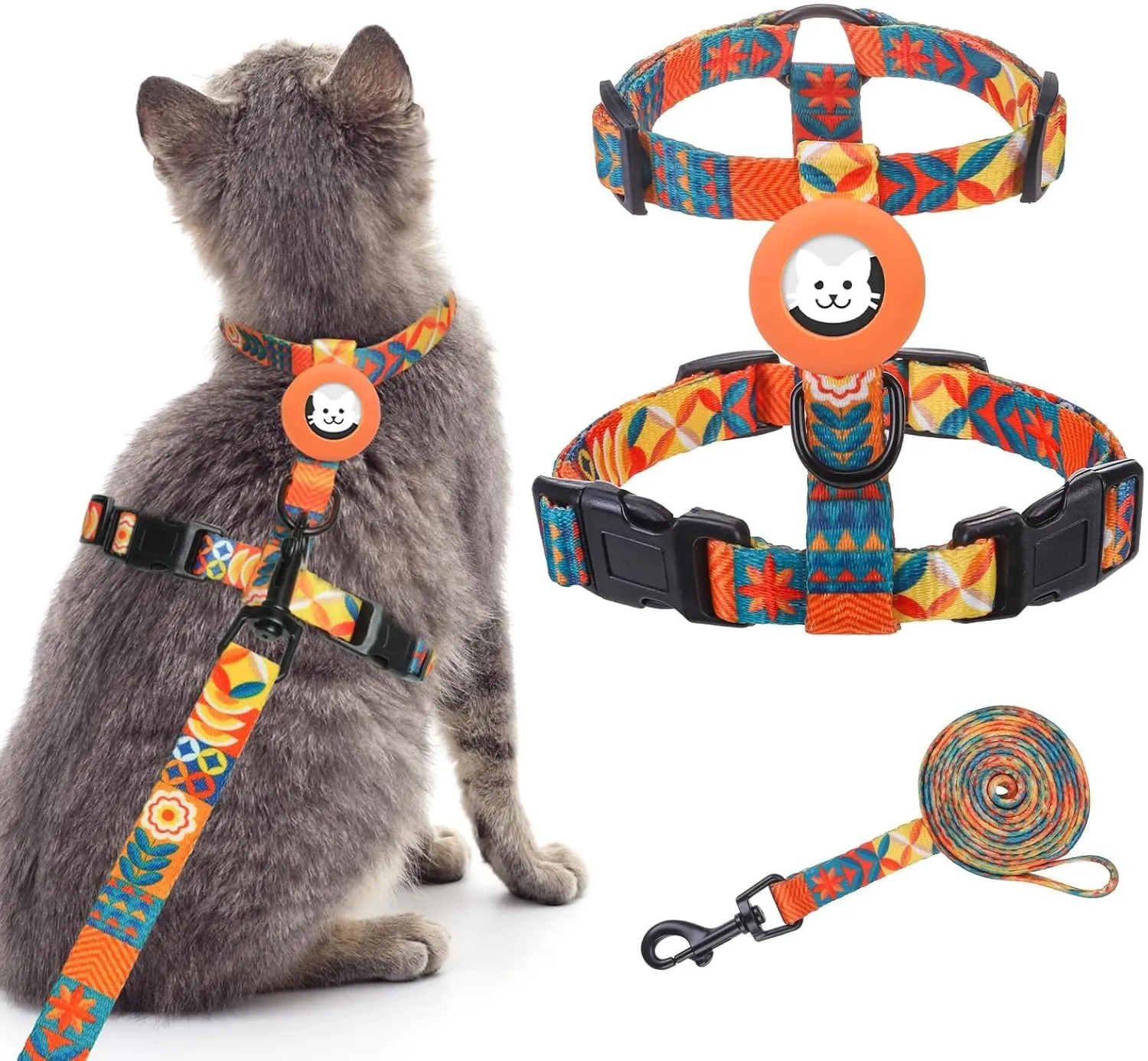 Cat Harness with Airtag Holder, Cat Harness and Leash Set Escape Proof for Walking Travel Outdoor, Soft Adjustable Kitten Harnesses for Small Medium Large Cats, Orange(Chest:."-")
