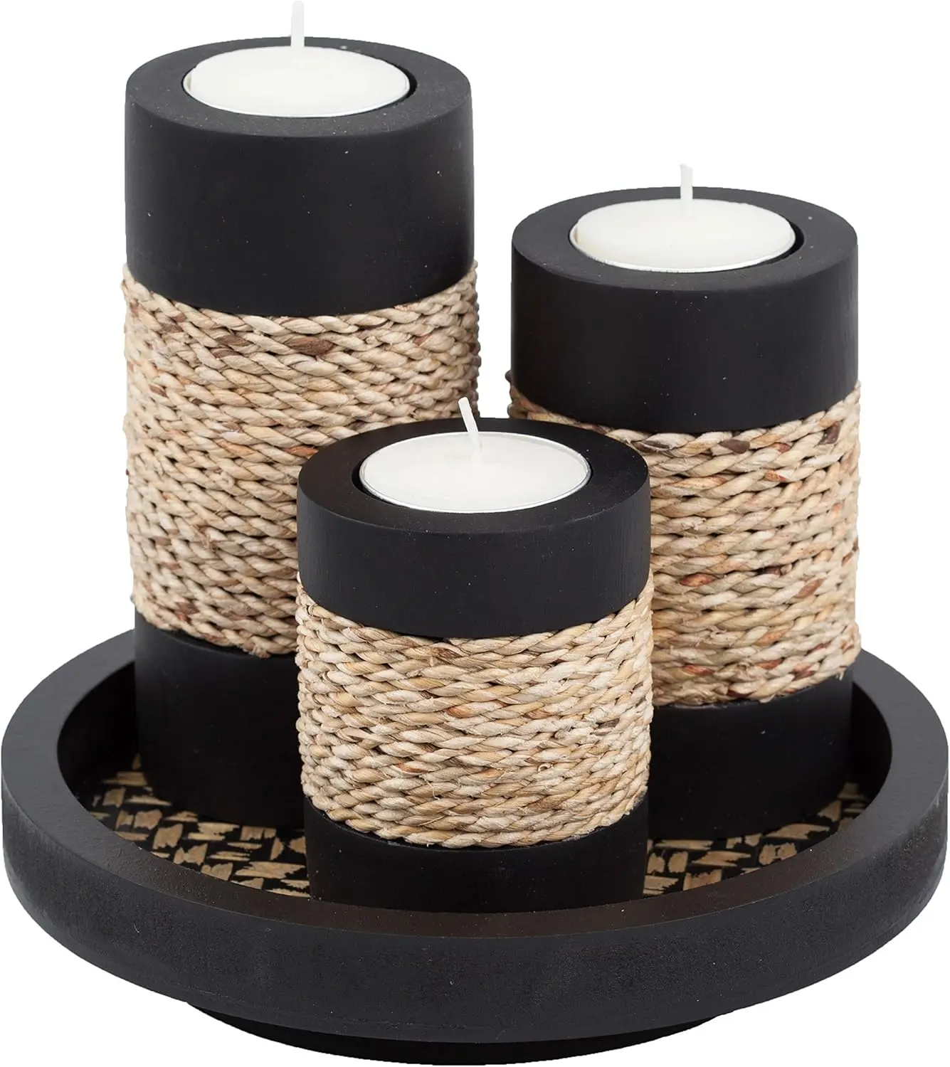 Tealight Candle Holders Set of 3 with Tray, Matte Wood Finish and Small Rope Decoration Table Wooden