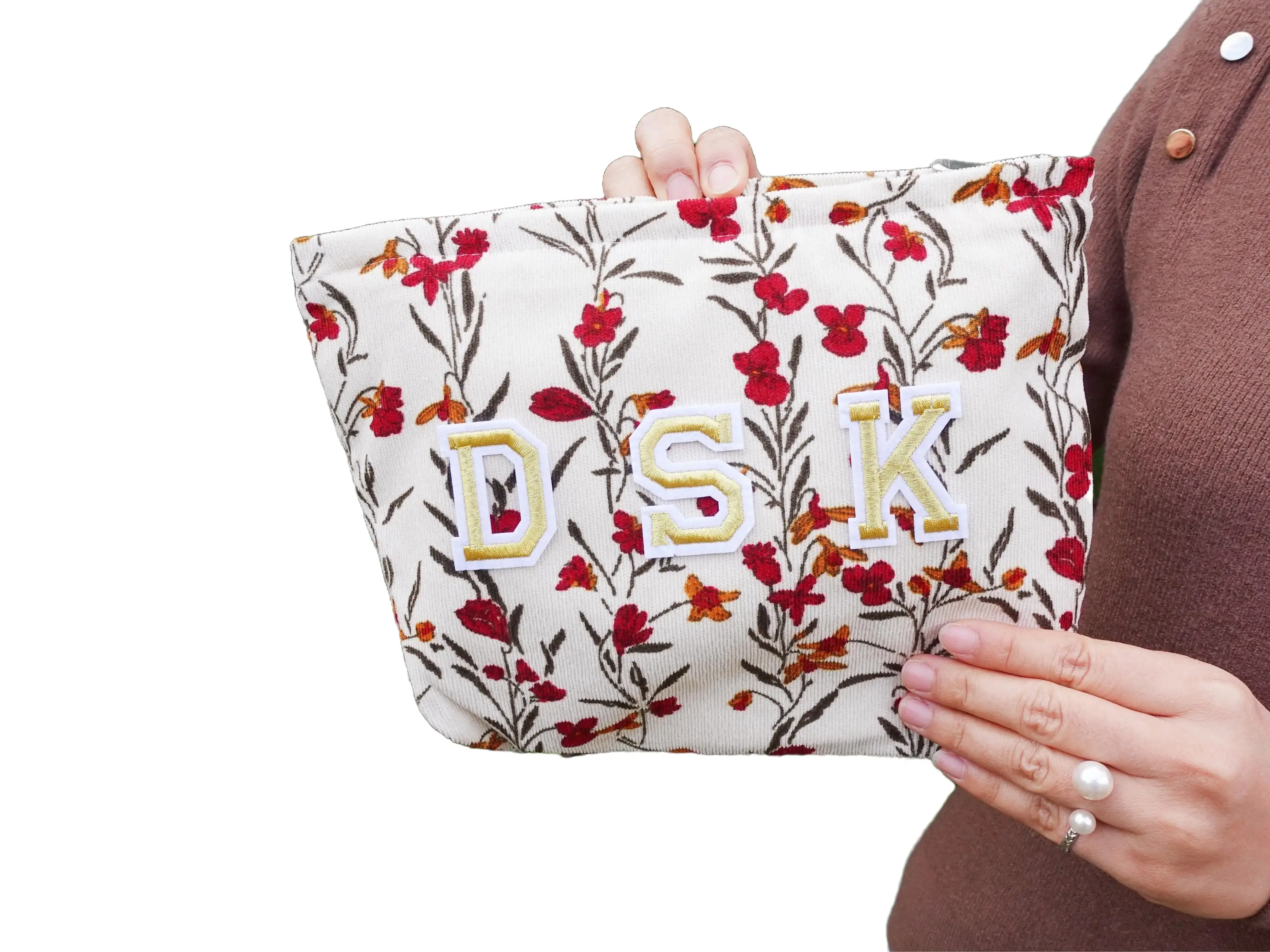 Handmade Personalized Floral Makeup Bag and Dog Treat Pouch - Versatile Corduroy Essentials Organizer, Custom Make up Bag