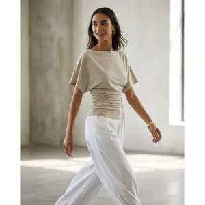 OGL Effortless Boatneck Batwing Sleeve Side Ruched Top - Stylish & Comfortable Women's Fashion baju kelawar outfit Quiet Luxury Essential Summervibes - Streetwear, Womenswear