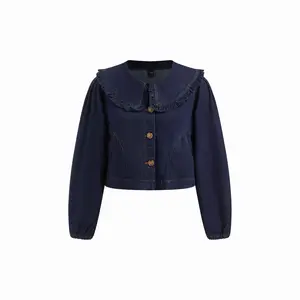 Cider Denim Peter Pan Collar Long Sleeve Lettuce Trim Oversized Jacket
