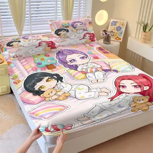 3-Piece K-pop Anime Girls Pajama Party Fitted Sheet Set, 1 Fitted Sheet + 2 Pillowcases, Soft Comfortable Breathable Fabric, Deep Pocket Non-Slip Mattress Cover, All Season Kawaii Bedding, Ideal for Kids Girls Teens Bedroom Decor or Gift