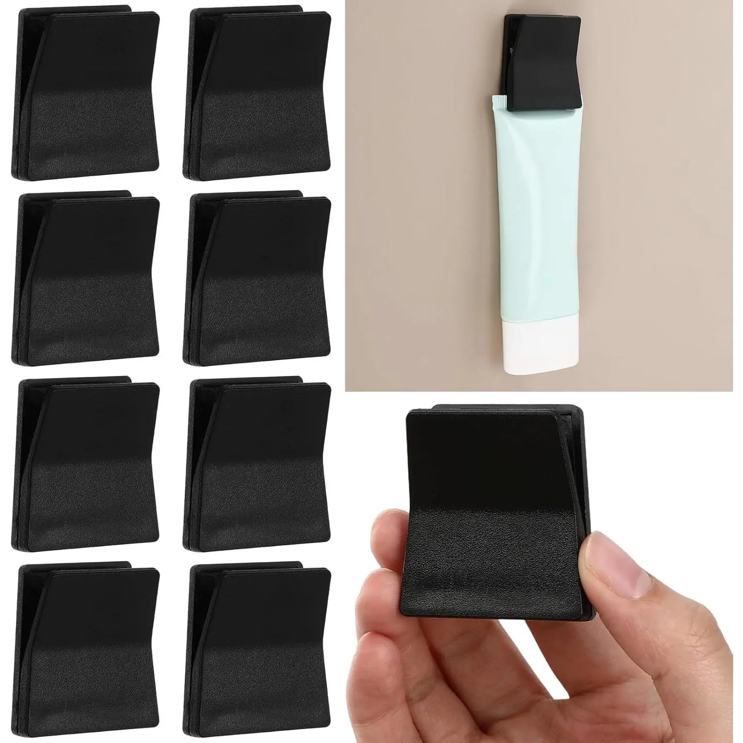8 Pcs Hangable Large Trapezoidal Self-Adhesive Clips, No-Drilling 15mm Adjustable Spring Clips for Bathroom & Home Use, Wall Tapestry Holder, Flag Hanger, Towel Organizer (Black)