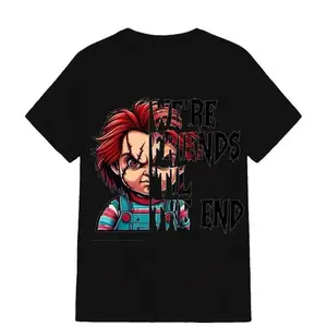 top clothing tee Chucky We're Friends 'Til The End Horror Doll American Retro Black Short-Sleeved Unisex Crew T-Shirt Cult Classic Graphic Casual Streetwear for Thriller Fans Apparel Cotton Fitted Green Menswear Oversized Personalized Crewneck