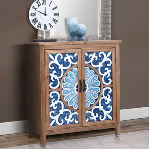 Sophia&William 2-Door Accent Cabinet, Distressed Decorative Storage Cabinet with Wood Frame and Blue and White Floral Pattern for Entryway Hallway Living Room