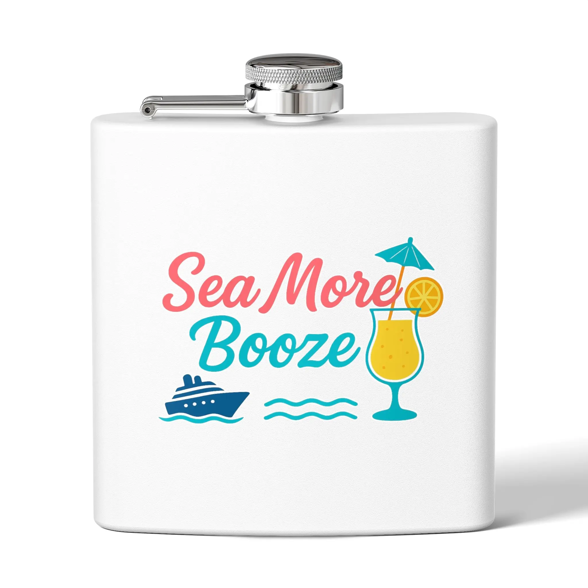Sea More Booze Flask | Funny Cruise Flask Gift | Nautical Stainless Steel Hip Flask for Beach & Vacation