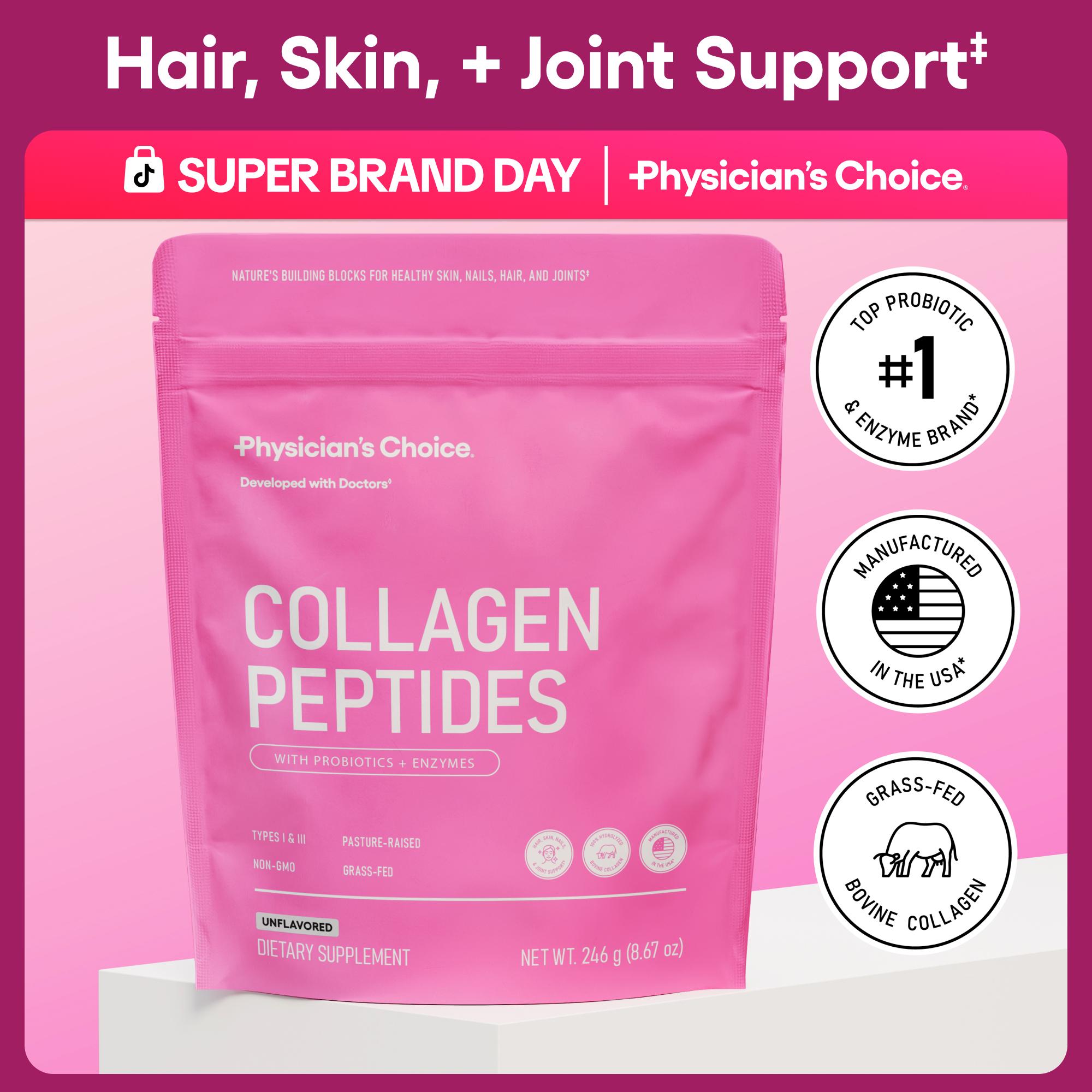 Physician's Choice Collagen Peptides Powder for Hair, Skin, Nails & Joint Support for Women - Hydrolyzed Grass-Fed + Non-GMO Protein - Unflavored