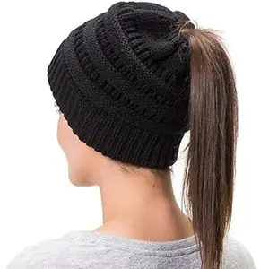Beanie Tail Messy High Bun Warm Fleece Pony Beanie Hat Knit Cap