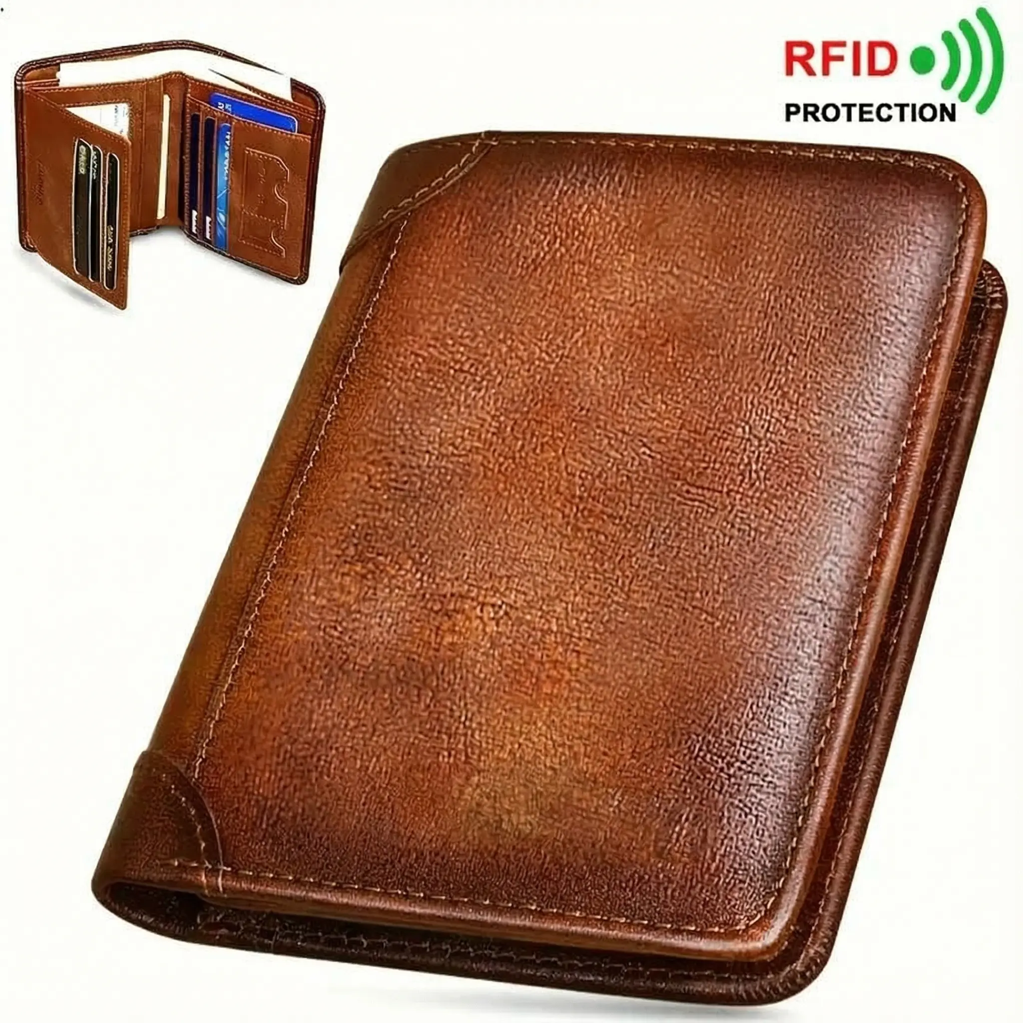 Vintage Distressed Leather Men Wallet RFID Blocking Anti Scan Large Capacity Multi Card Slot Bifold Purse For Men Gift