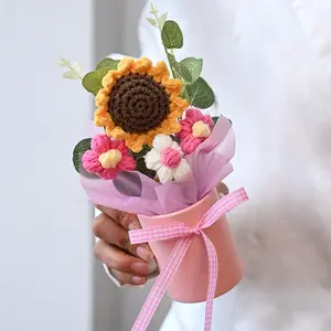 1pc Handmade Crochet Artificial Sunflower Bouquet Plants with Gift Bag, Home Decor Decorative Flowers Fabric Floral Arrangement for Valentine's Day & Mother's Day