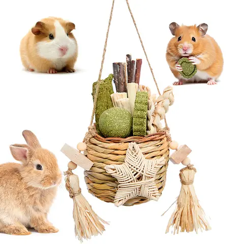 Natural Rabbit Chew Toys - Durable Vine Weave Hanging Baskets, Bamboo Chew Sticks, Corn Husk Accessories, Lollipop, Timothy Cake - 5x5x8 Inches 6 oz Rabbit Supplies for Small Pets, Cage Decor & Teeth Grinding