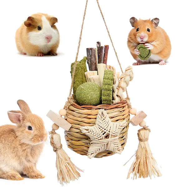 Natural Rabbit Chew Toys - Durable Vine Weave Hanging Baskets, Bamboo Chew Sticks, Corn Husk Accessories, Lollipop, Timothy Cake - 5x5x8 Inches 6 oz Rabbit Supplies for Small Pets, Cage Decor & Teeth Grinding