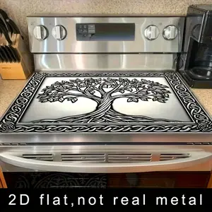2D flat, 1 Tree of Life stove cover - easy to clean surface with black frame and Celtic tree design, suitable for gas/oven stoves, compatible with washing machines and dryers, kitchen stove cover - oven mat Stove Plate