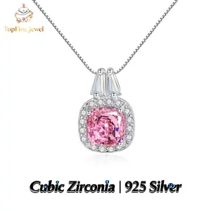 Pink Square Cut Cubic Zirconia Halo Pendant Necklace in 925 Sterling Silver, Perfect for Weddings, Engagements, Parties, and Other Special Occasions