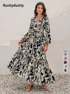 Women's Boho Floral Print Lantern Sleeve Dress with Fitted Waist Tie Design, Comfortable Casual Long Sleeve Dress for Fall & Winter