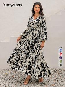 women's floral print ruffle hem tie neck a line dress, elegance boho bishop sleeve long dress for spring & fall, women's clothing for daily wear, womenswear, bohemian dresses for women