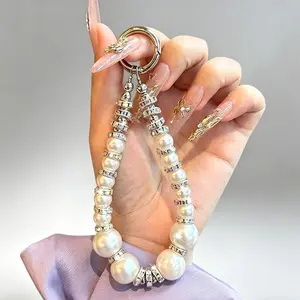 1pc Mobile Phone Lanyard Short Black Pearl Crystal Hanging Chain Hand-beaded Wrist Chain Hand-held Pendant