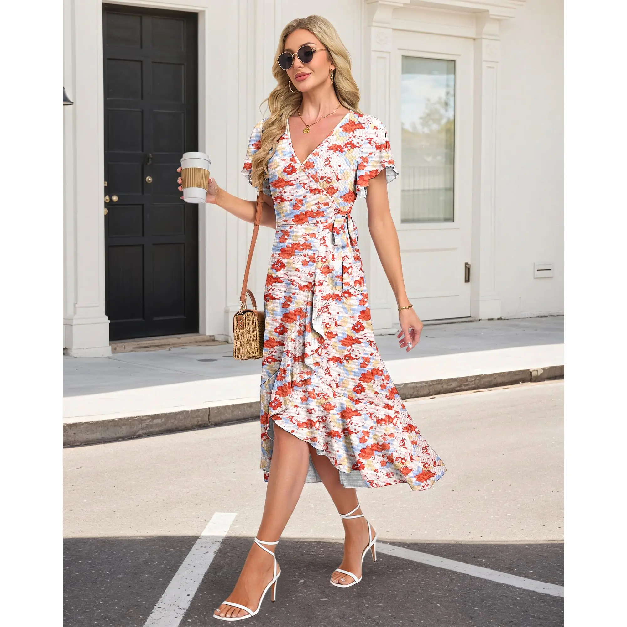 AUSELILY Women Summer Midi Dresses Wrap Short Flutter Sleeve V Neck Boho Slit  Flowy Ruffle Dress Wedding Guest Dresses - TikTok Shop