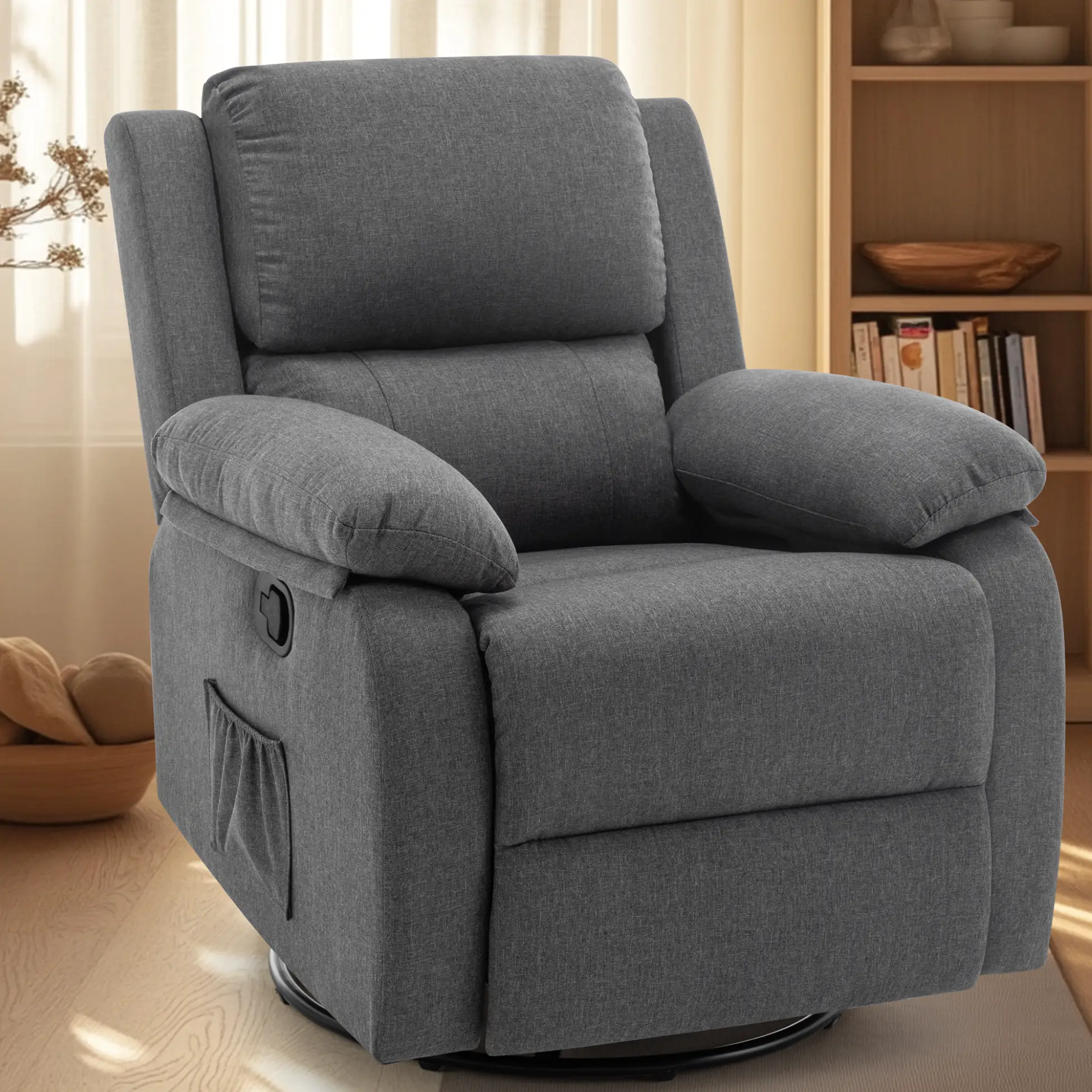 Korser 360° Swivel Rocker Recliner Chair: Compact Upholstered Fabric Design with Side Pockets for Small Spaces & Living Rooms Adjustable Reclining rec