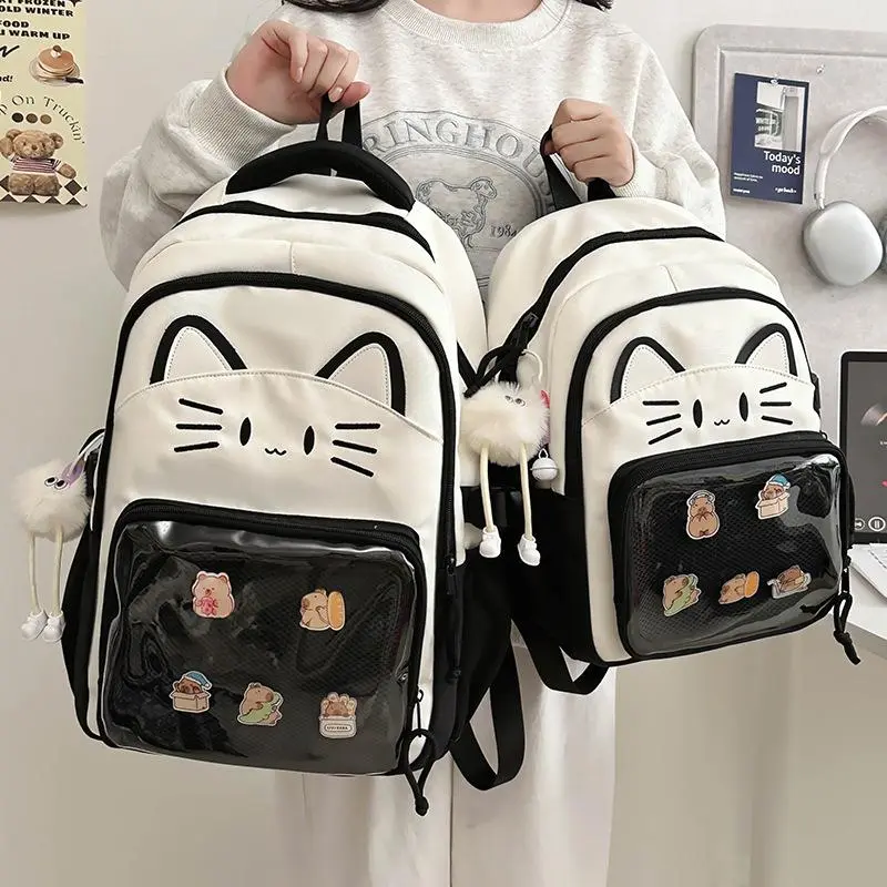 Cute Cat Embroidery Backpack, Black White Contrast Clear PVC Pin Display Pocket Large Capacity School Bookbag for Girls Anime Fans