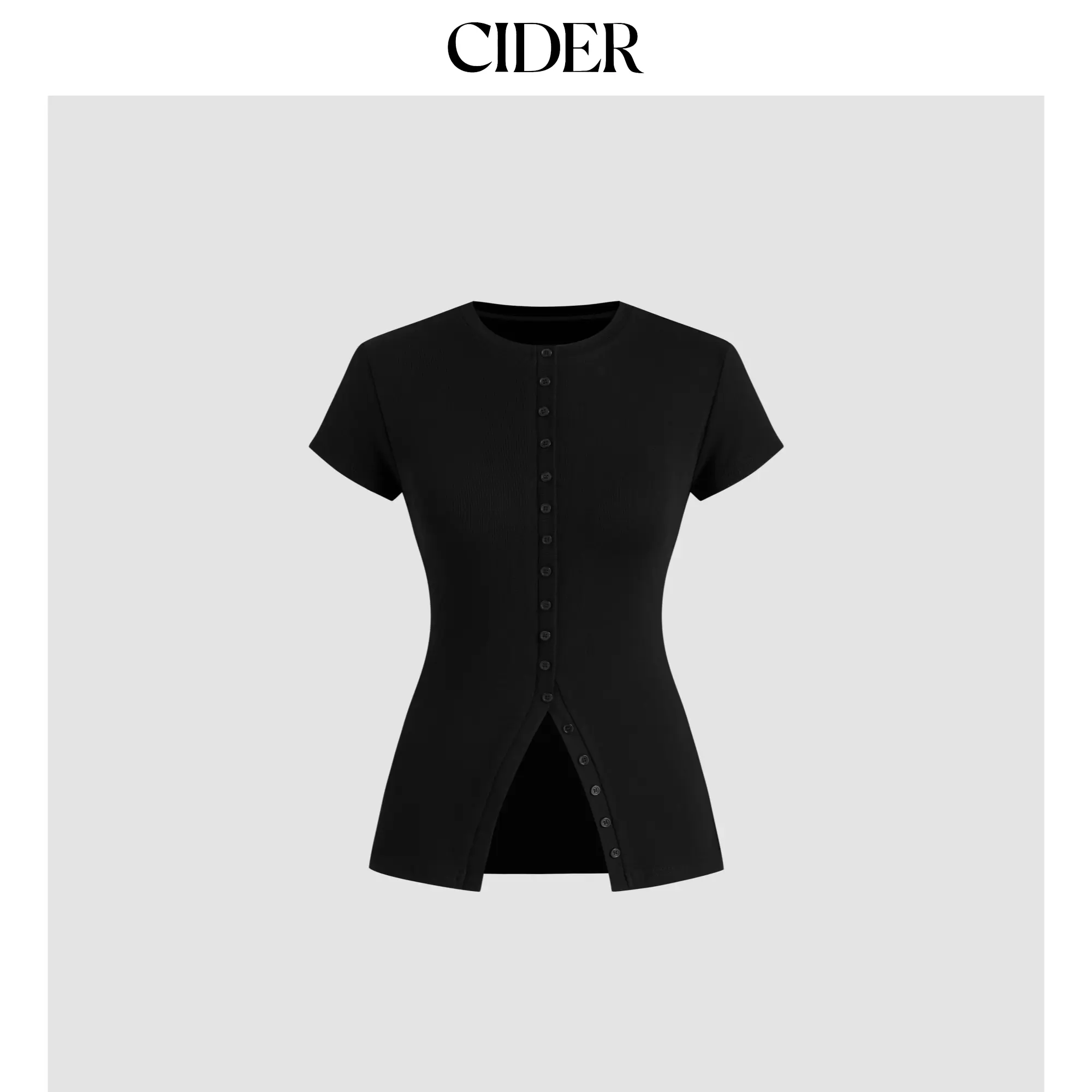 Cider Women's Cotton-Blend Round Neck Solid Short-Sleeve Button T-Shirt