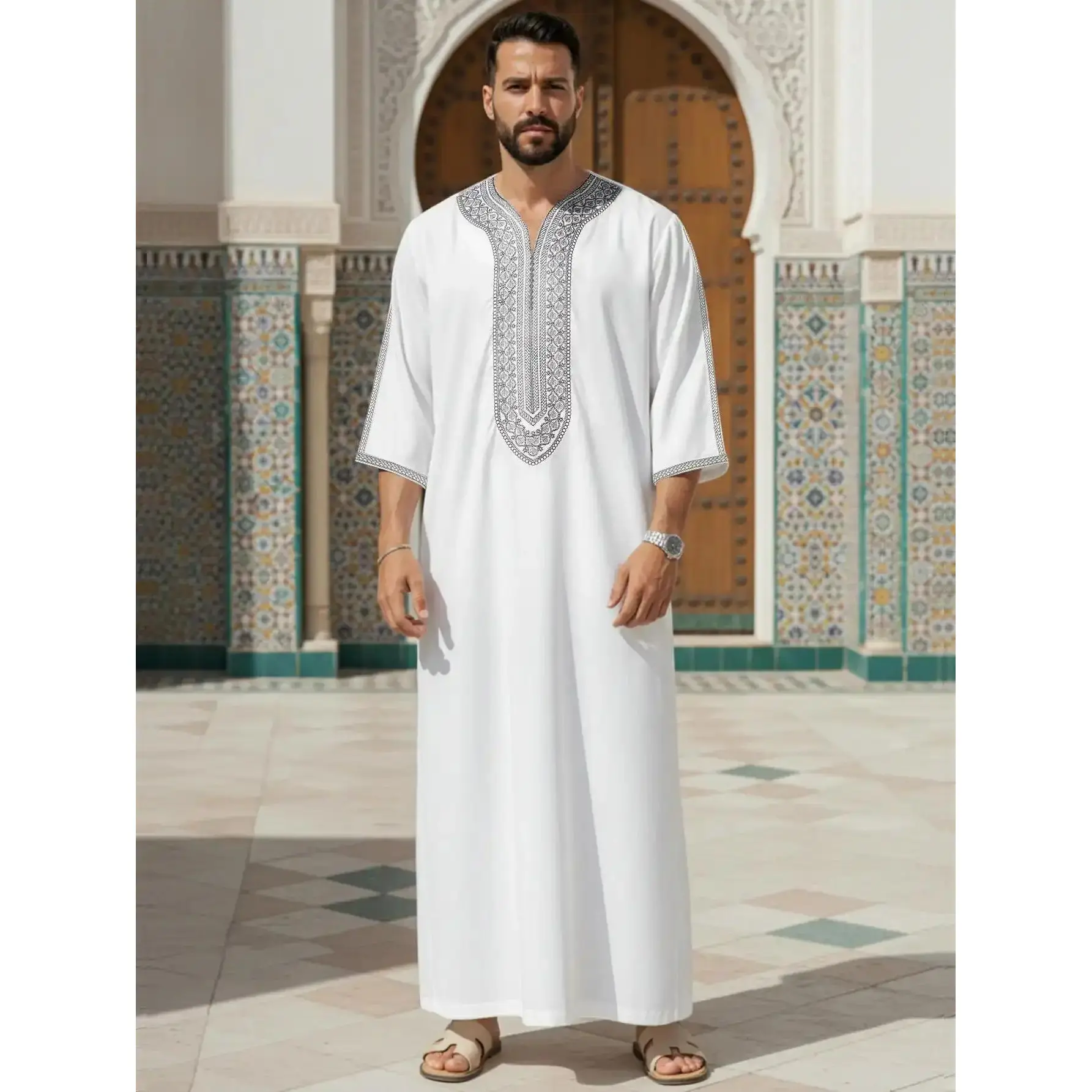 Men's Casual Moroccan Thobe, Embroidered Traditional Arabic Robe with Pocket for Daily, Lounge & Special Occasions Fit, essential piece, trendy style, everyday wear, must have item, wardrobe staple, polished flattering