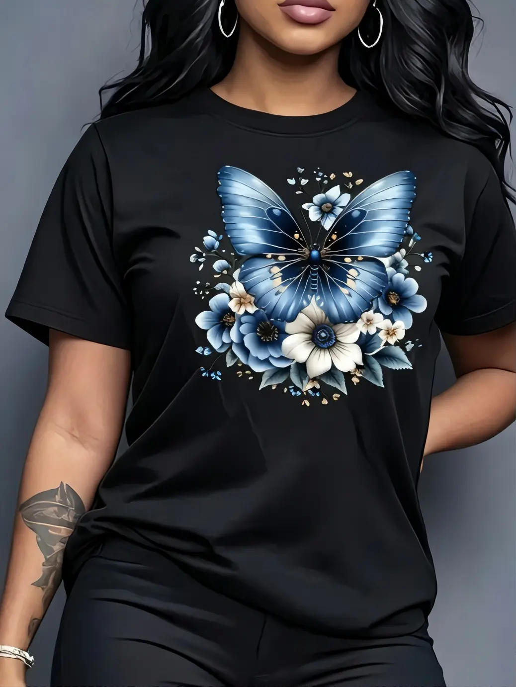 Butterfly Floral Print T-Shirt for Women - Black Crew Neck Short Sleeve Top with Blue and White Design
