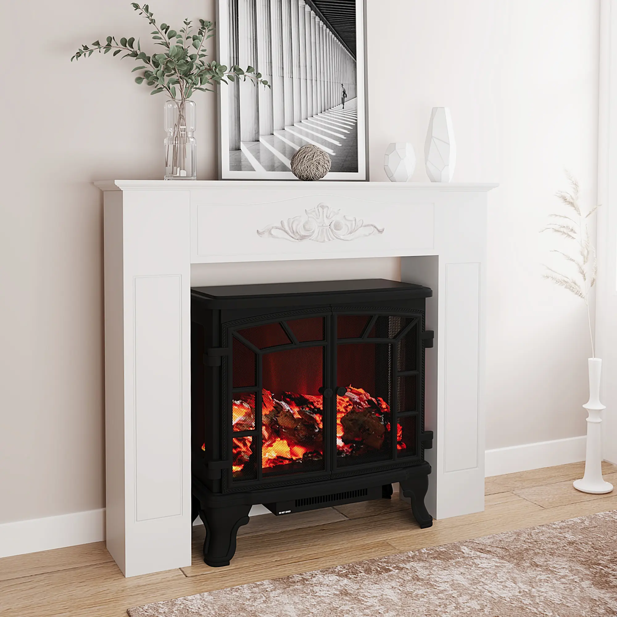 White Fireplace Mantel Surround Freestanding Spacious Top Board for Vases Photos for Bedroom Apartment Farmhouse Easy Assembly Anti Tipping Kit