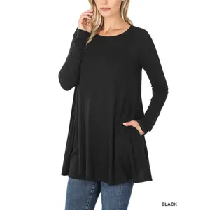 Zenana - LONG SLEEVE BOAT NECK FLARED POCKETS TOP