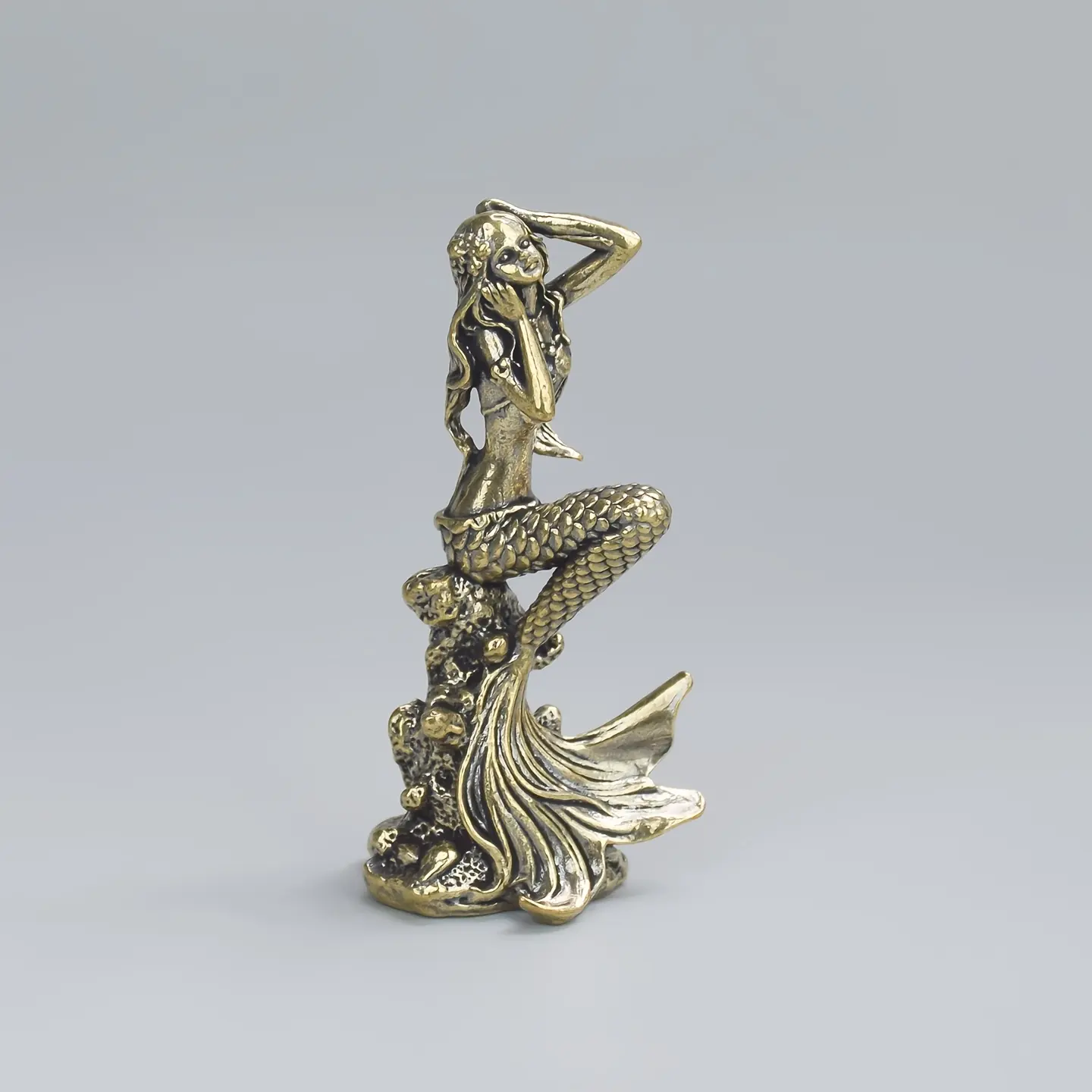 Solid Brass Singing Mermaid Statue Ornaments - 1 Handcrafted Metal Collectible with Graceful Hair, Elegant Tail, Exquisite Scales, Ideal for Indoor-Outdoor Home Decor, Valentine's Day Gifts