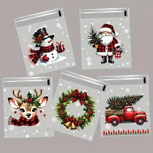 50/100 Christmas gift bags with self-adhesive pockets with snowflakes, Santa Claus and holly patterns-suitable for Christmas decorations and gifts 10*10+1.18 inches.