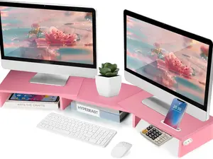 Dual Monitor Stand Riser Stand for Desk Adjustable Length & Swivel Angle Wooden Desktop Organizer with Smartphone Holder for PC Laptop