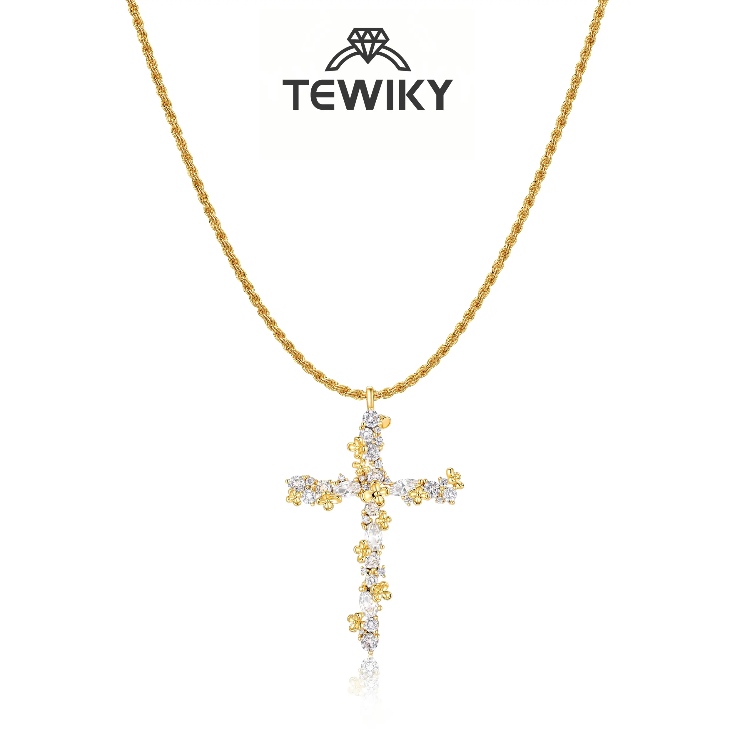 Tewiky 14K Gold Plated Beaded & Twisted Chain Pearl Cubic Zirconia Cross Necklace with Floral Carved Petal Cross Design, Fashion Jewelry for Women, Daily Casual Elegant Necklace for All Occasions summerwins