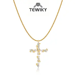Tewiky 14K Gold Plated Beaded & Twisted Chain Pearl Cubic Zirconia Cross Necklace with Floral Carved Petal Cross Design, Fashion Jewelry for Women, Daily Casual Elegant Necklace for All Occasions