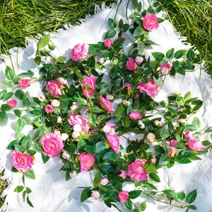 2PC Realistic Artificial Rose Vine Garland, 6FT Faux Silk Flower Greenery with Bendable Stem for Home Wall Decor, AC Pipe Cover, Boho Wedding Backdrop,farmhouse home decor (Pink）