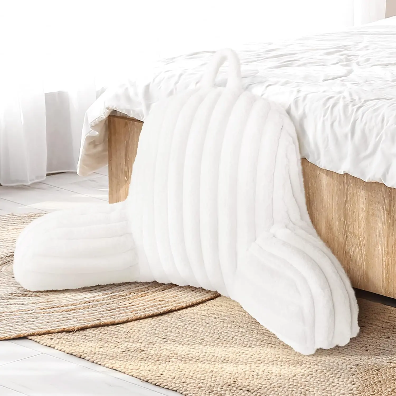 Large Reading Pillow Replacement Cover with Arms and Pockets (Cover ONLY), 18" Soft Faux  Striped Backrest Pillow Cover Fits Standard Size Reading Pillows, Cream White