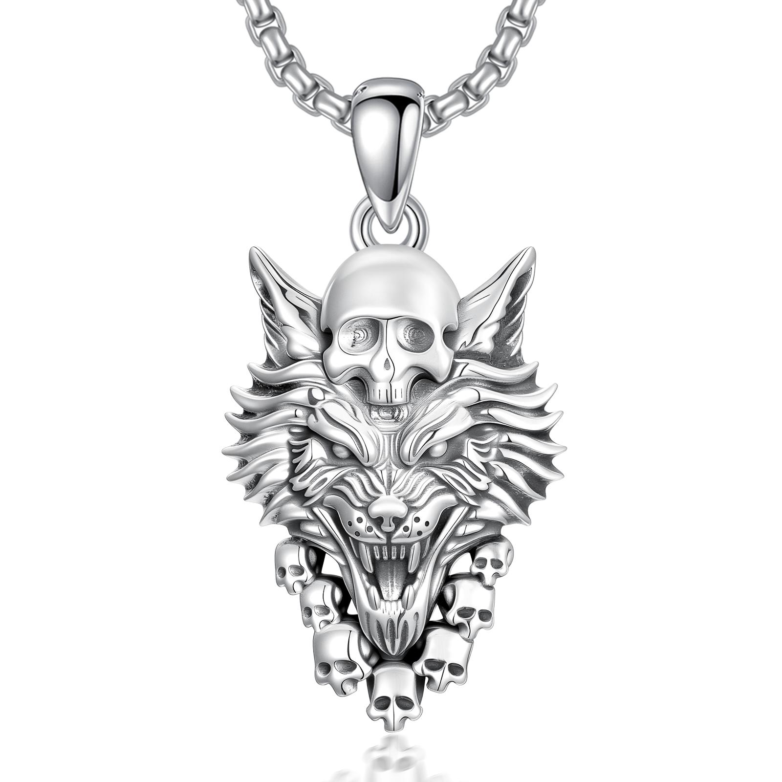 MEIDERBO Dream Chaser Wolf Skull Necklace for Men 925 Sterling Silver Oxidized Finish Wild Animal Pendant Captain Steel Style Stainless Steel Bead Chain 22+2 Inch