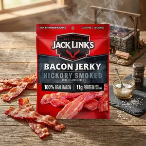 Dried Hickory Smoked Bacon Jerky, 11g Protein per Serving, 100% Thick Cut Real Bacon, Ready-to-Eat Keto-Friendly Snack, 2.5 oz.