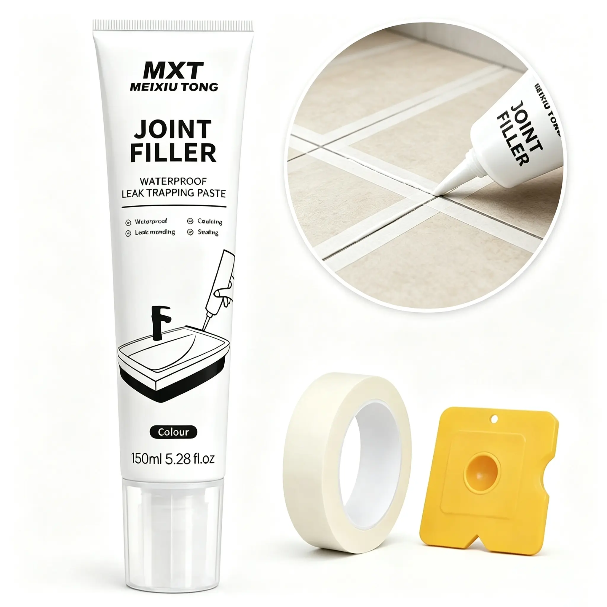 150-milliliter Waterproof Tile Grout Repair Kit, 150-milliliter sealant for repairing cracks and gaps in bathrooms, kitchen sinks, and tile edges; includes masking tape and a putty knife; for quick repairs