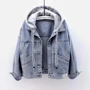 Loose Women's Short Denim Jacket Spring Autumn Of The Season Korean Style Long Sleeve Hooded Jacket with Large Pockets