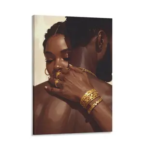 Intimate Couple Canvas  Art, Romantic Black Love Painting, African American Modern Portrait Print, Emotional Figurative Canvas, Gold Accent Home Decor, Luxury Bedroom  Art, Contemporary Love Artwork,hallway decor，corridor wall art