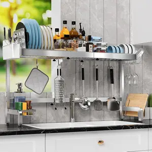 2 Tier Large Over The Sink Dish Drying Rack, Expandable Stainless Dish Drainer with Multifunctional Organizer,-Saving Above Sink Dish Rack with Large Capacity for Counter