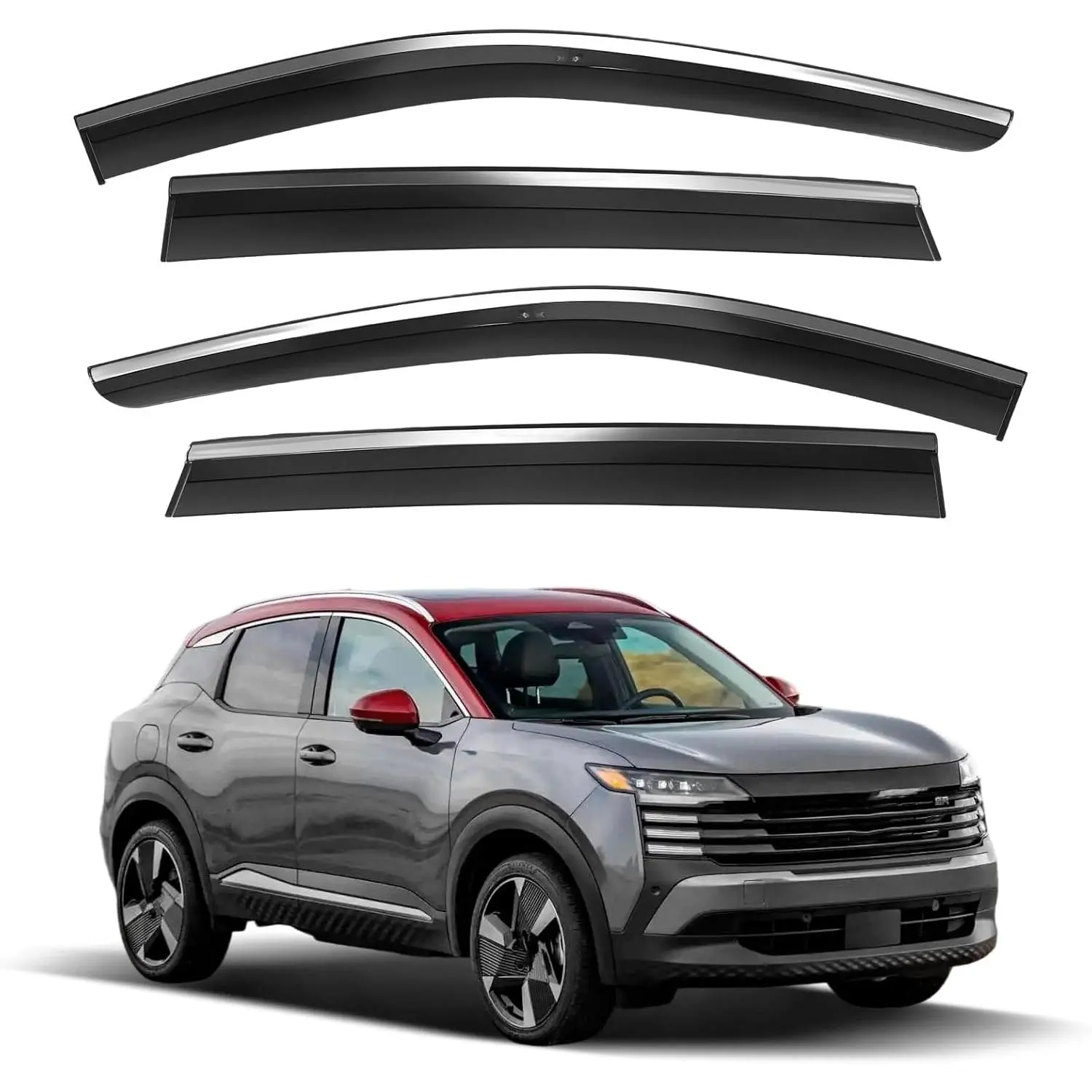 4PCS Fit for 2025 2026 Kicks Rain Guards Wind Deflectors Anti-Rain Window Visors with Tape 304 Stainless Steel Trim–Noise Reduction Rain Guards&Side Window Wind Deflectors