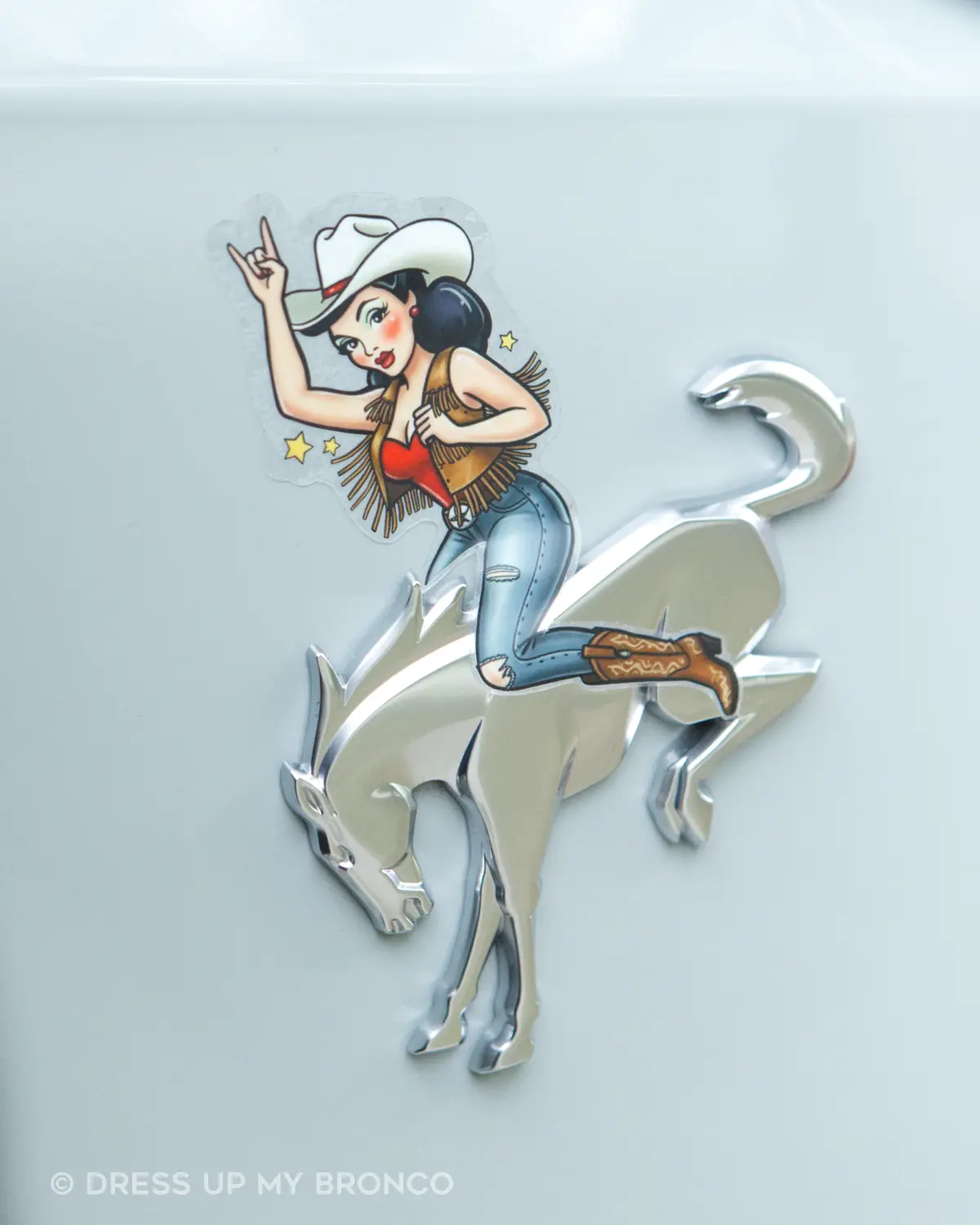 Brunette Cowgirl Bronco Bombshell — Bucking Emblem Vinyl Decal (Pin-Up Edition)