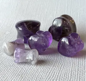 PAIR Heart Shaped Amethyst Stone Plugs Gauges Amythest Tunnels Body Jewelry