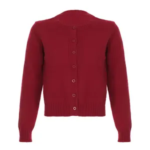 2025 Minimalist Style Solid Red Button-Up Round Neck Knit Cardigan for Women Autumn Winter Casual Slim Fit Short Sweater Tops