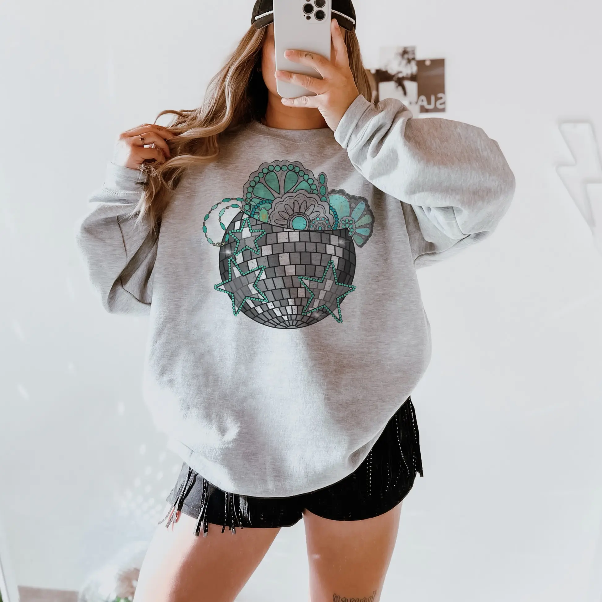 Turquoise Disco Ball Sweatshirt, Turquoise Jewelry Wild West Rodeo Tee, Cowboy Cowgirl Merch, Western Southern Trendy, Country Shirt