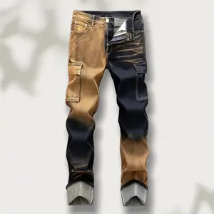 Vintage Tan & Indigo Gradient Wash Cargo Jeans for Men - Slim Fit, Cuffed Hems, Big Pockets, Retro Trendy Denim Trousers multi pocket color solid y2k pants iron  oak  apparel  star  jeans Stretch with